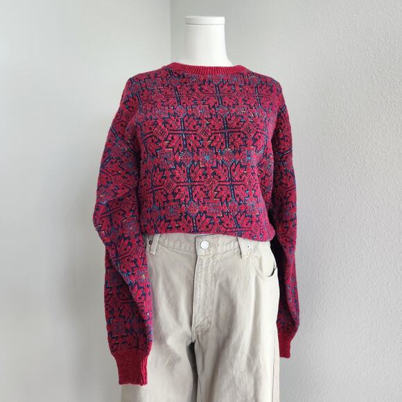 Vintage Sweaters - Vintage 80s Isle of Cotton Red Blue Geometric Knit Sweater Drop Shoulder L